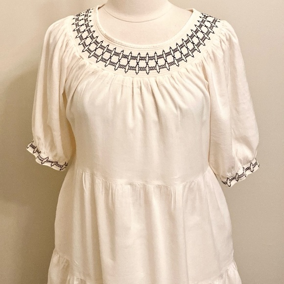 2/$30 Old Navy Cream Smocked Embroidered Short Puff Sleeves Tiered Mini Dress S - Picture 2 of 16